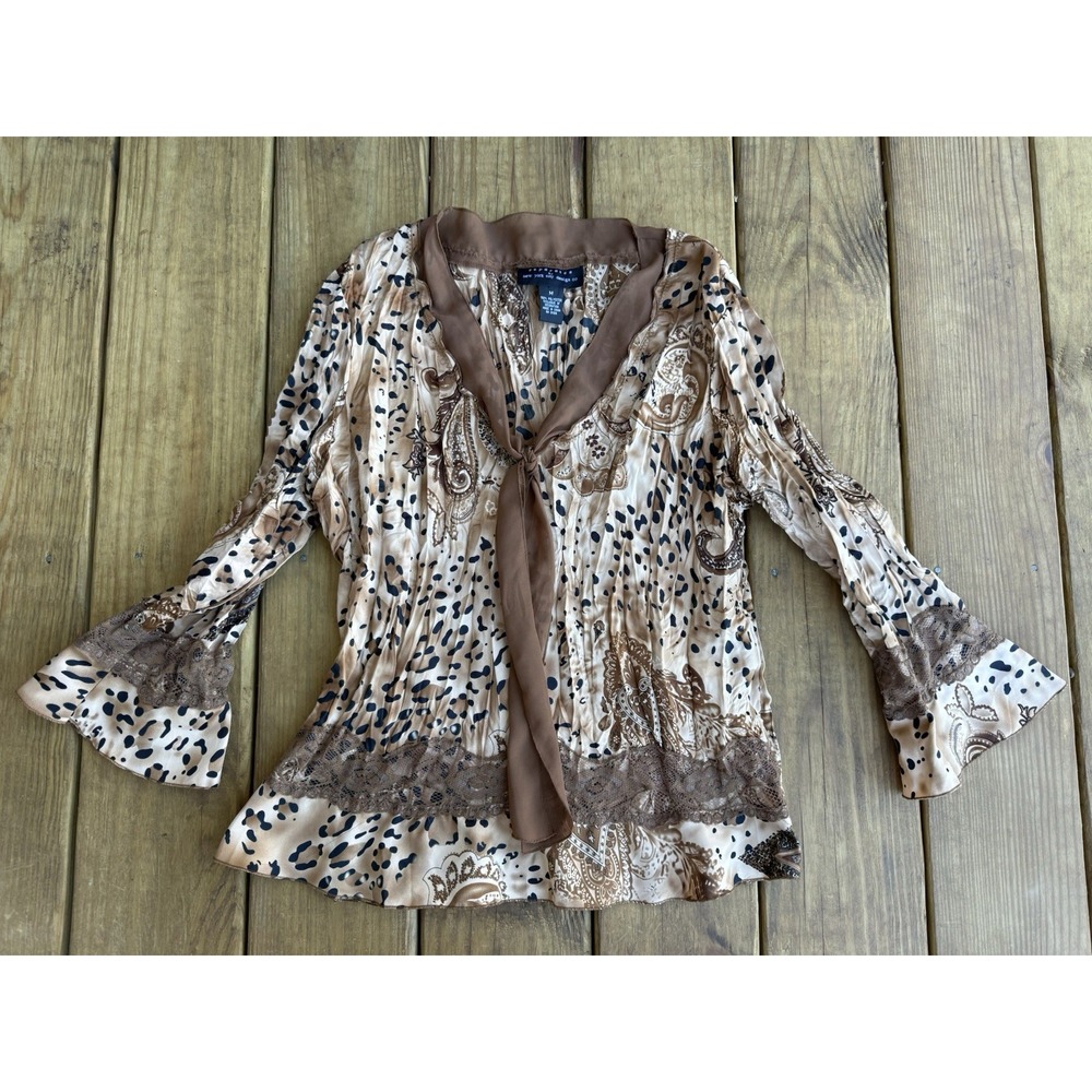 Vtg Y2K Separates New York Design Co Satin Cheetah Print Blouse Flare Sleeve M